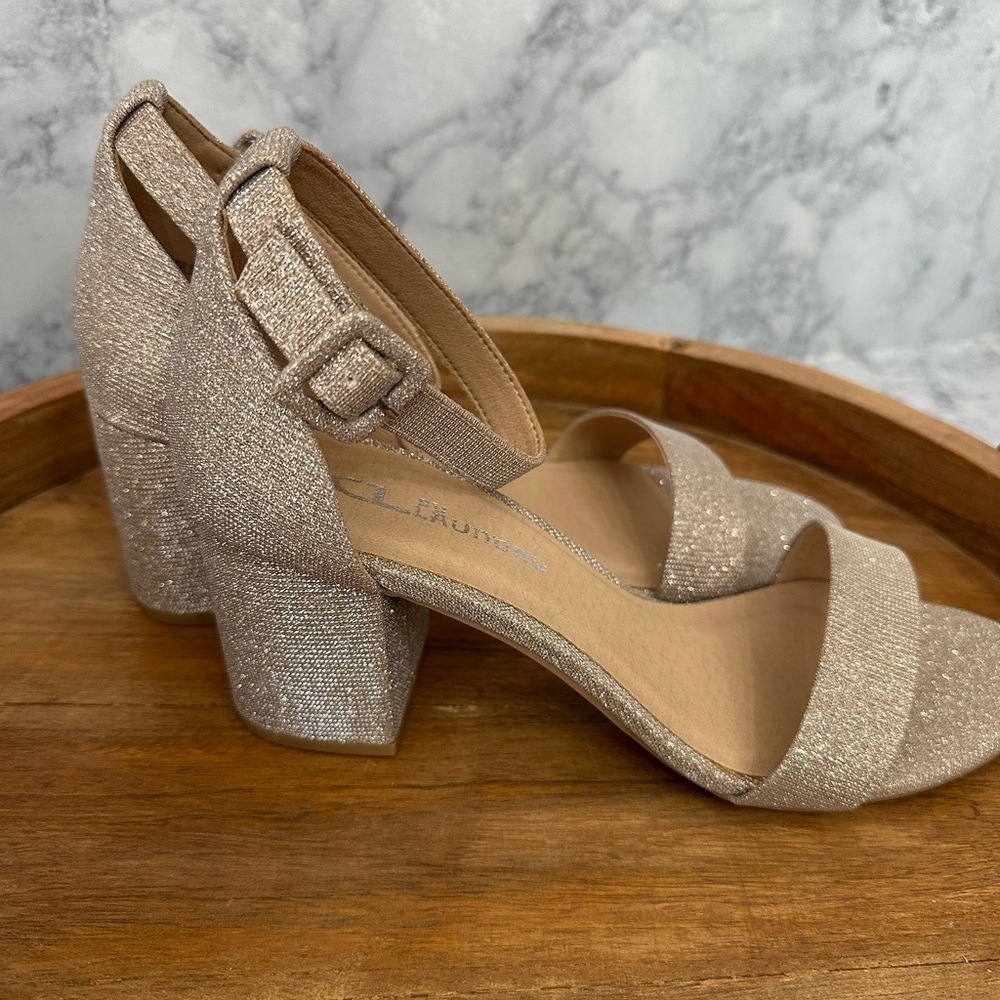 CL by Laundry Jody Sandals 8.5 Gold Glitter Block Heel Ankle Strap - Picture 5 of 6